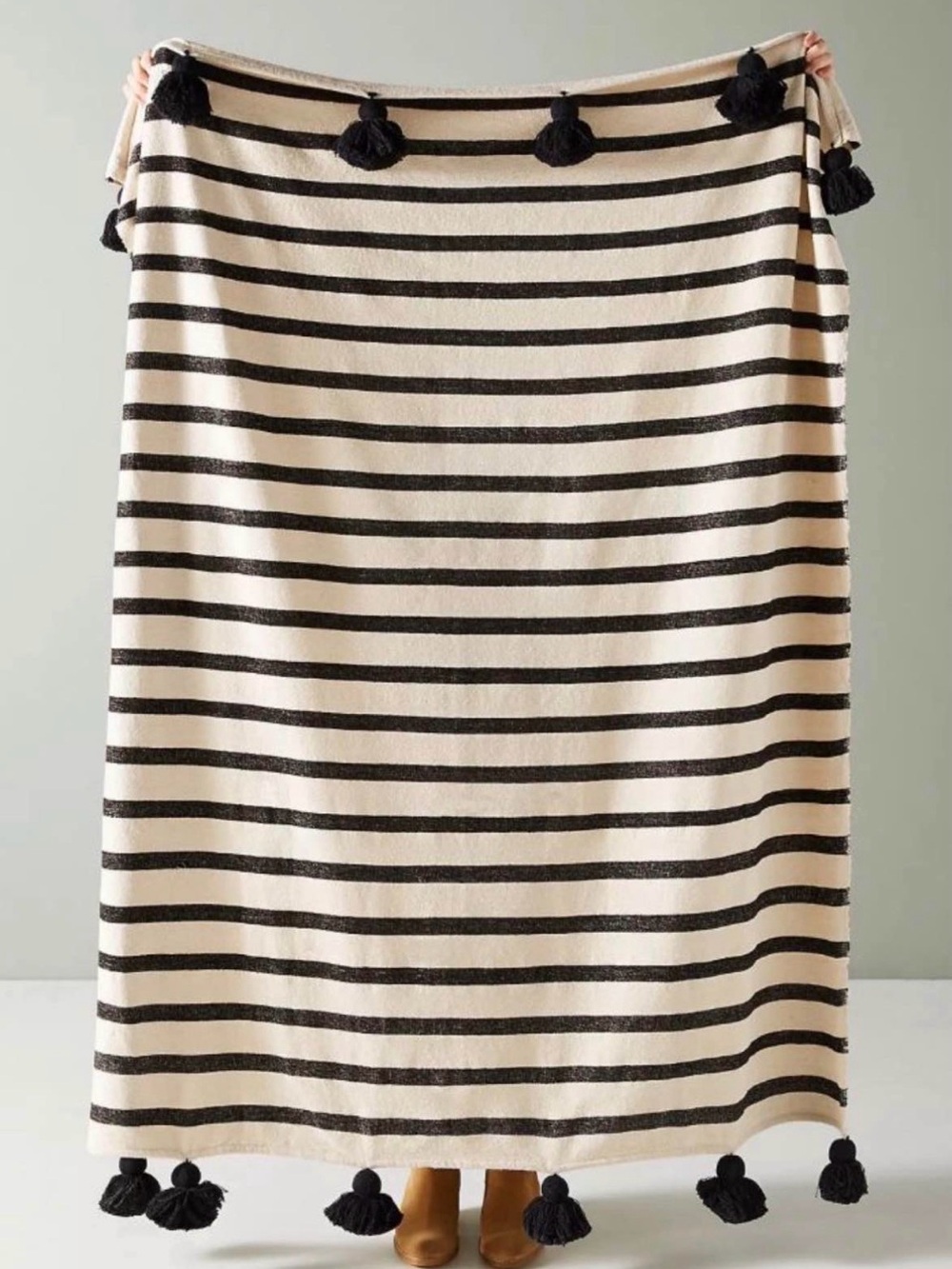 Anthropologie Black Striped Tassel Throw Blanket: Nayland Woven